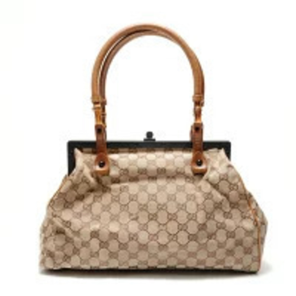 Gucci GG Canvas Bamboo Handle Clasp Handbag Beige Cream